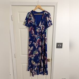 Chris McLaughlin blue floral leaf wrap dress high low hem size 12